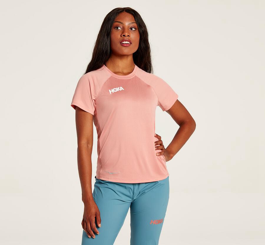 Hoka One One Performance Short Sleeve - Women Tops - Pink,Australia USO-307562